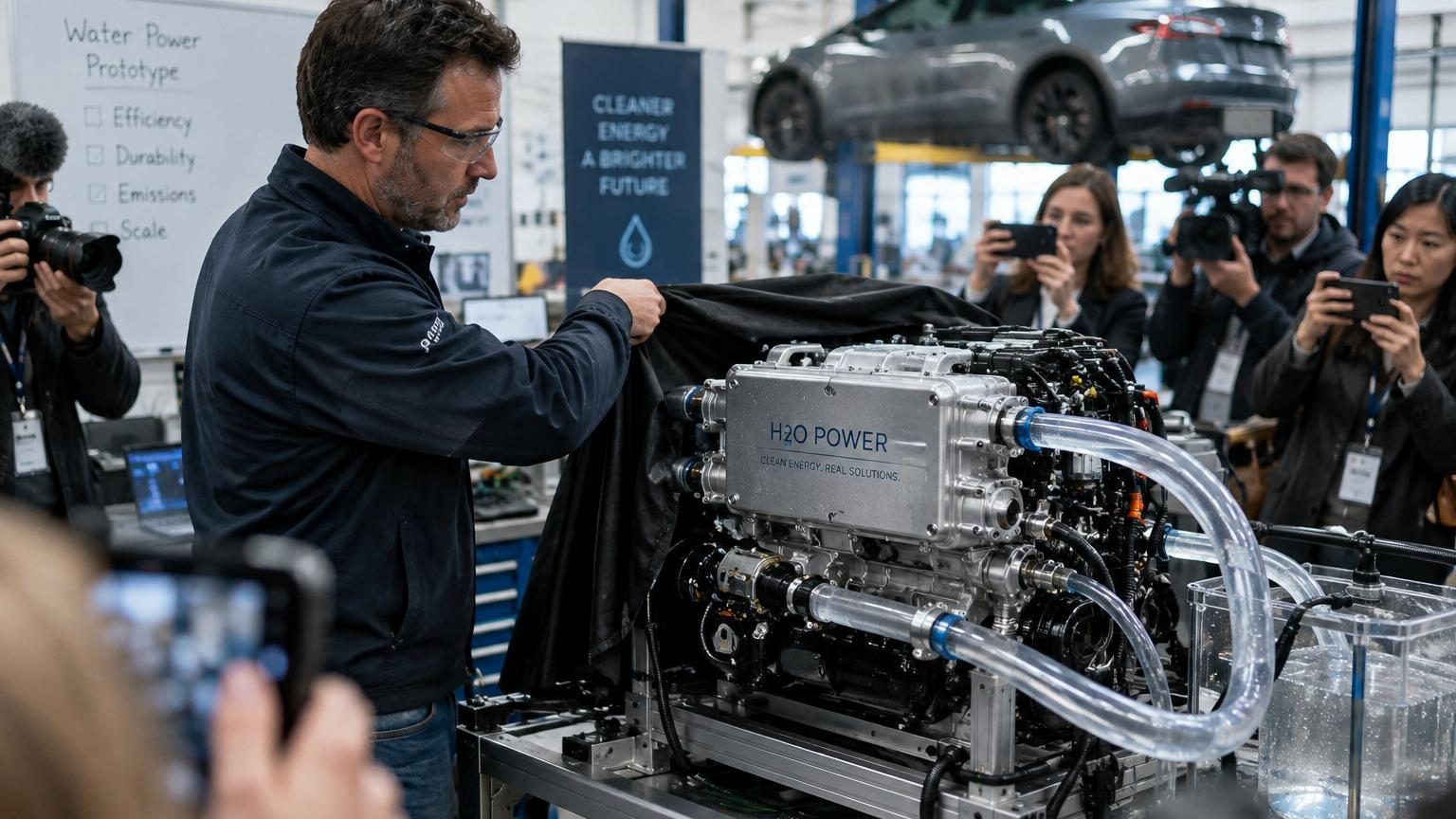 Moteur à hydrogène avec système d'injection d'eau chaude affichant 400 chevaux, représentant une alternative technologique à la voiture électrique pure batterie.