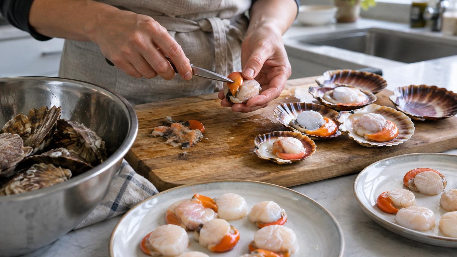 Coquille Saint-Jacques ouverte montrant le corail orange vif bordant la noix blanche du mollusque.