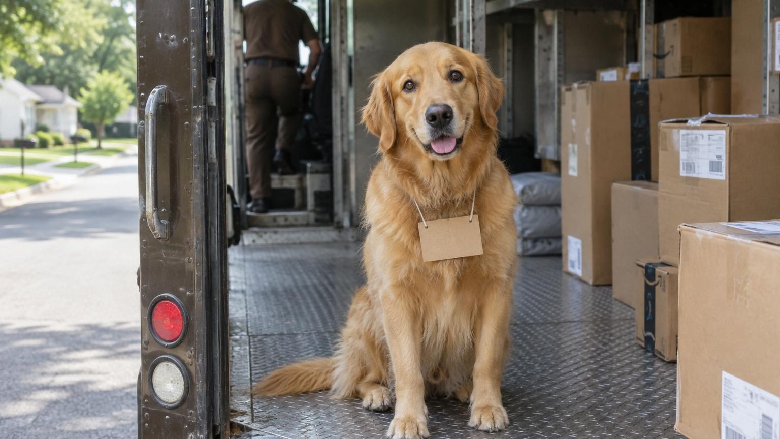Le livreur oublie son biscuit : le golden retriever se cache dans le camion et fait le tour de la ville avec un mot autour du cou