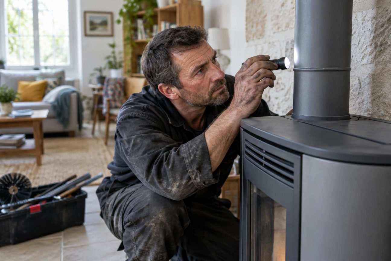 Le ramoneur observe le tuyau du poêle à granulés avant même de sortir ses brosses : ce n'est pas la couleur qu'il regarde