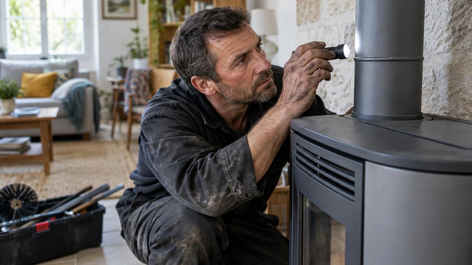 Le ramoneur observe le tuyau du poêle à granulés avant même de sortir ses brosses : ce n'est pas la couleur qu'il regarde