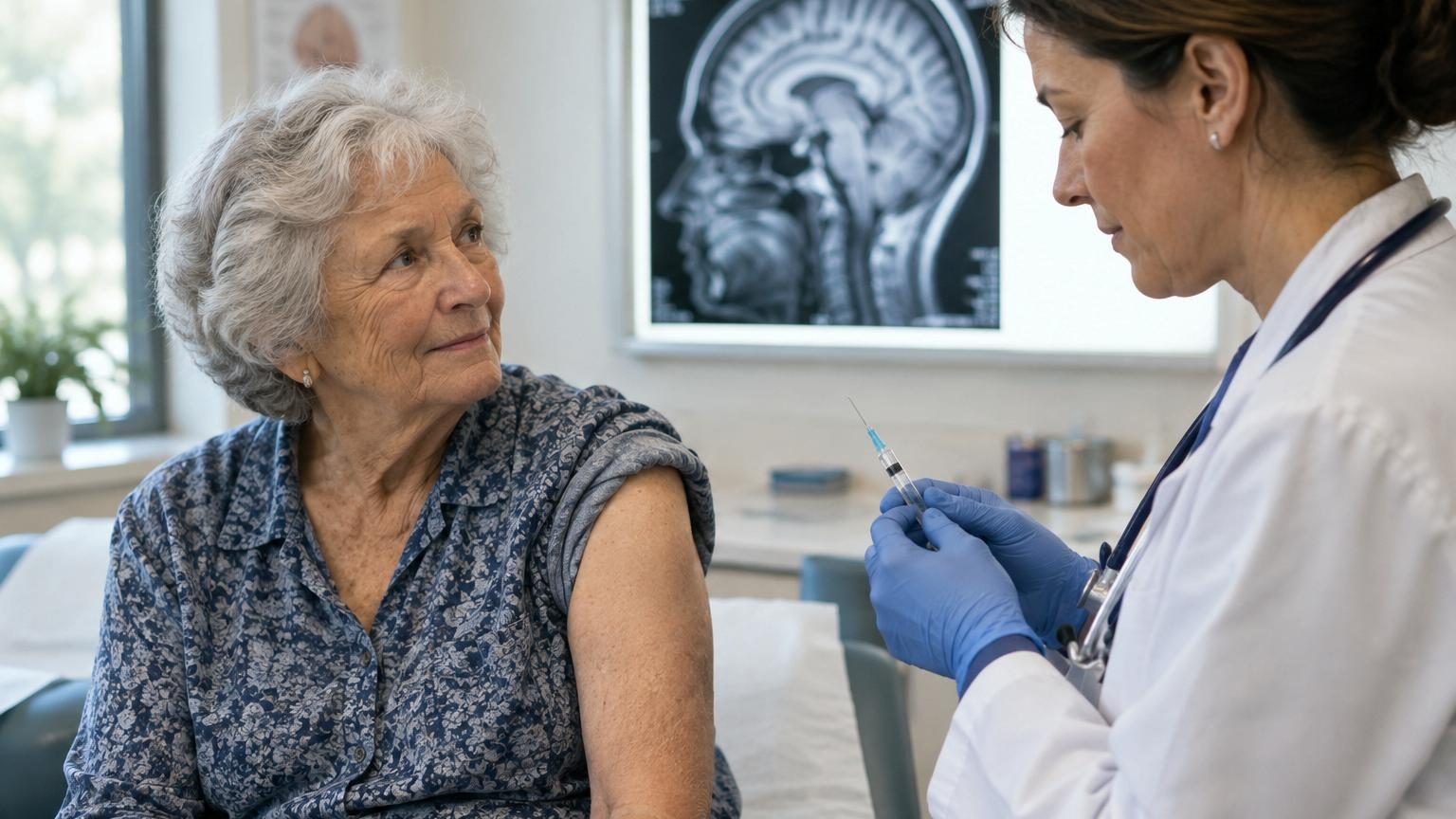 Seringue avec vaccin et illustration du virus varicelle-zona sur fond médical bleu symbolisant la prévention de la démence.