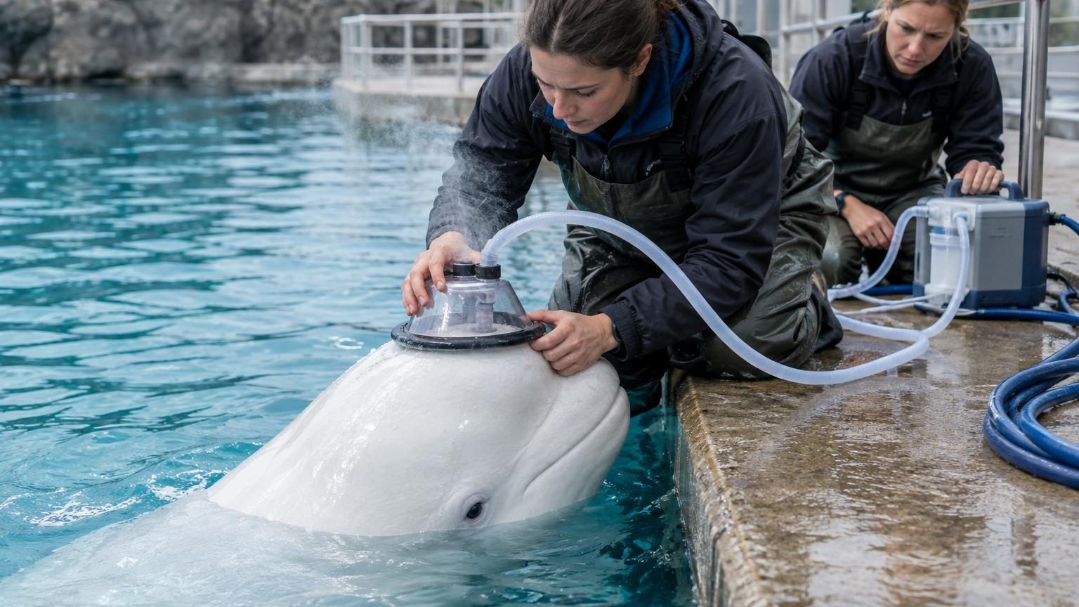 Les antibiotiques ne suffisaient plus pour soigner sa pneumonie : les vétérinaires inventent un nébuliseur posé sur l'évent de cette baleine béluga