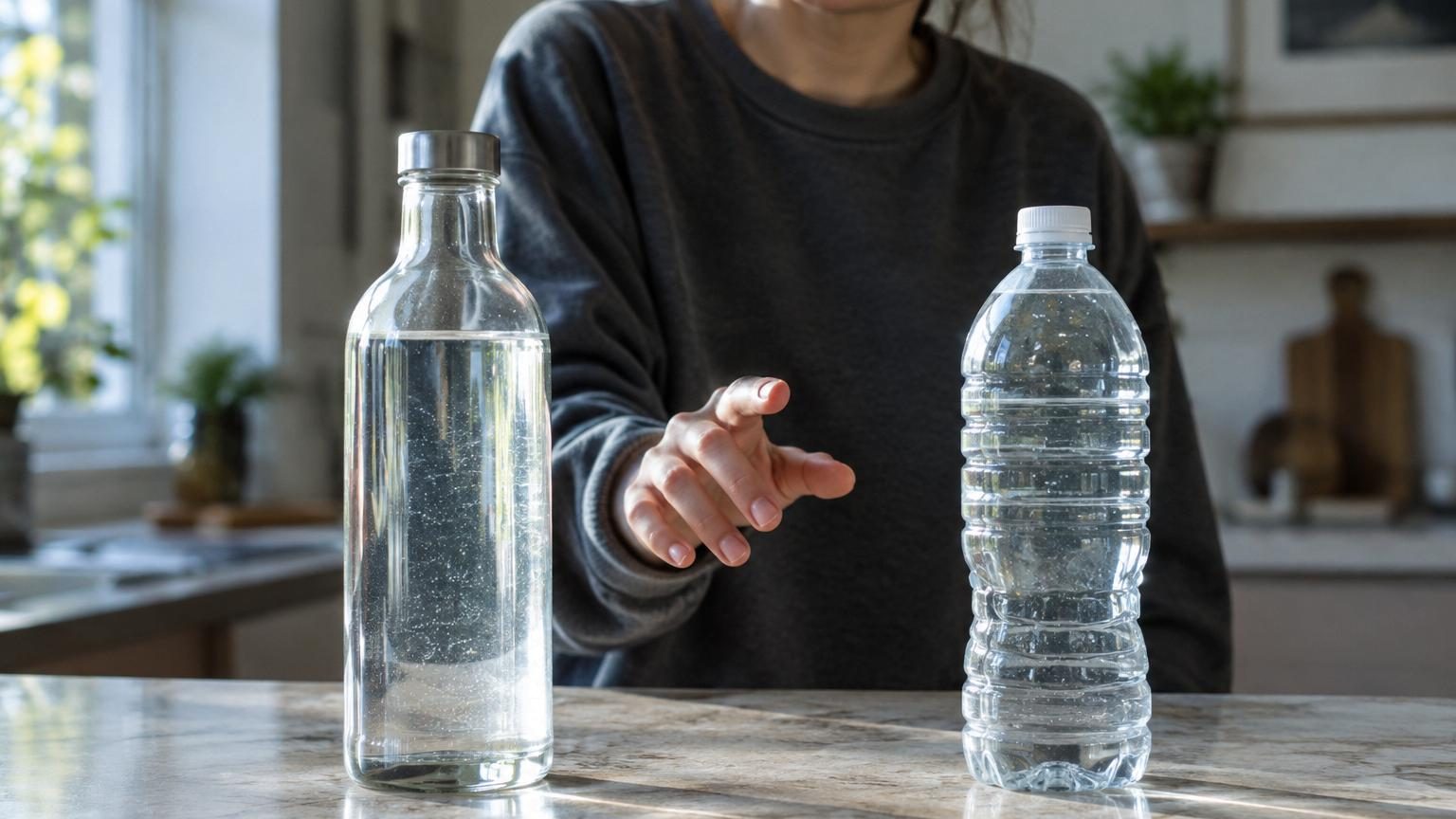 Bouteille de verre fermée par un bouchon métallique doré, présentant des traces de condensation, sur un fond neutre