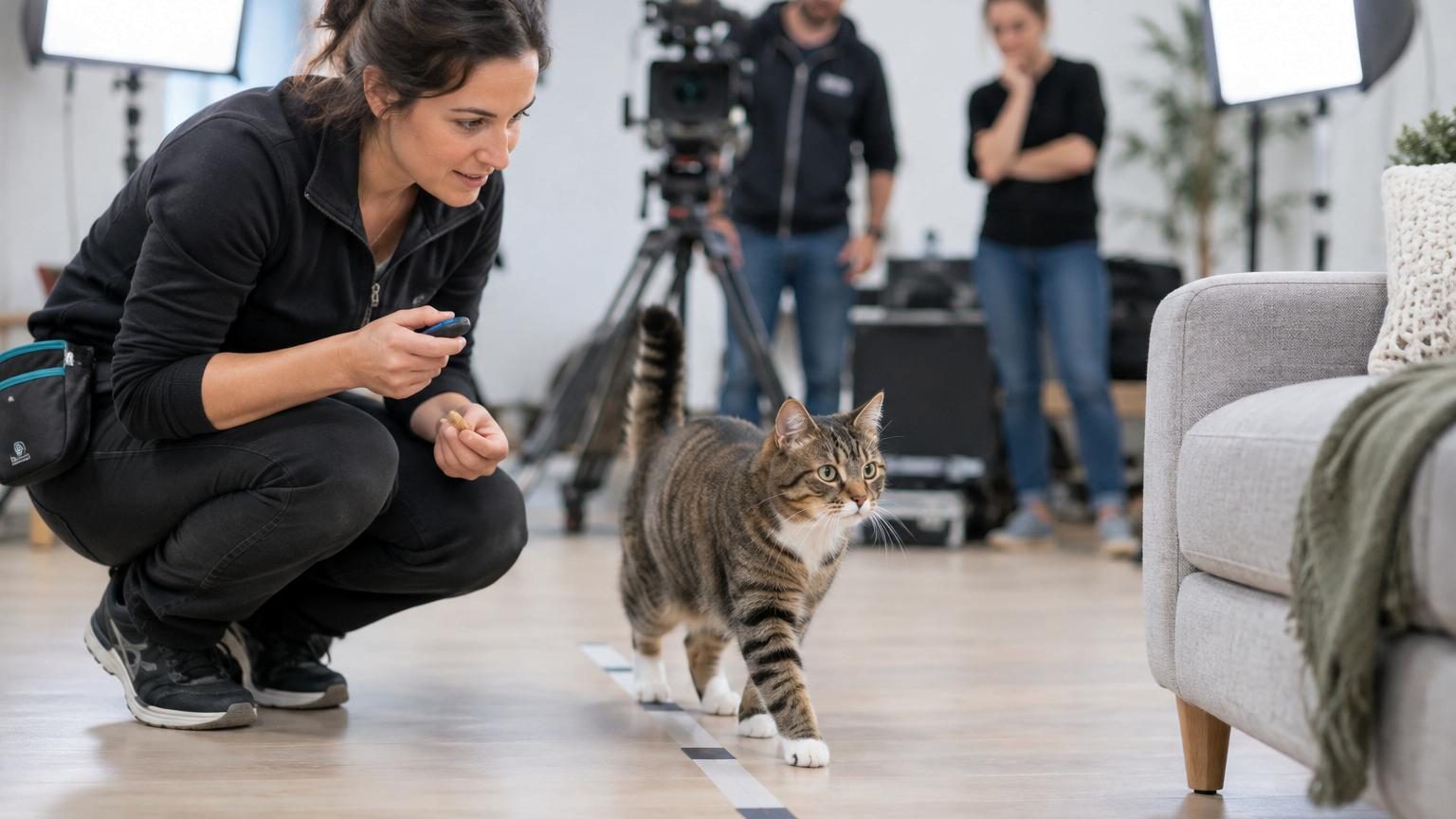 Un chat tigré roux en gros plan, attentif et focalisé, dans un environnement de studio de tournage avec accessoires et éclairages professionnels en arrière-plan flou.