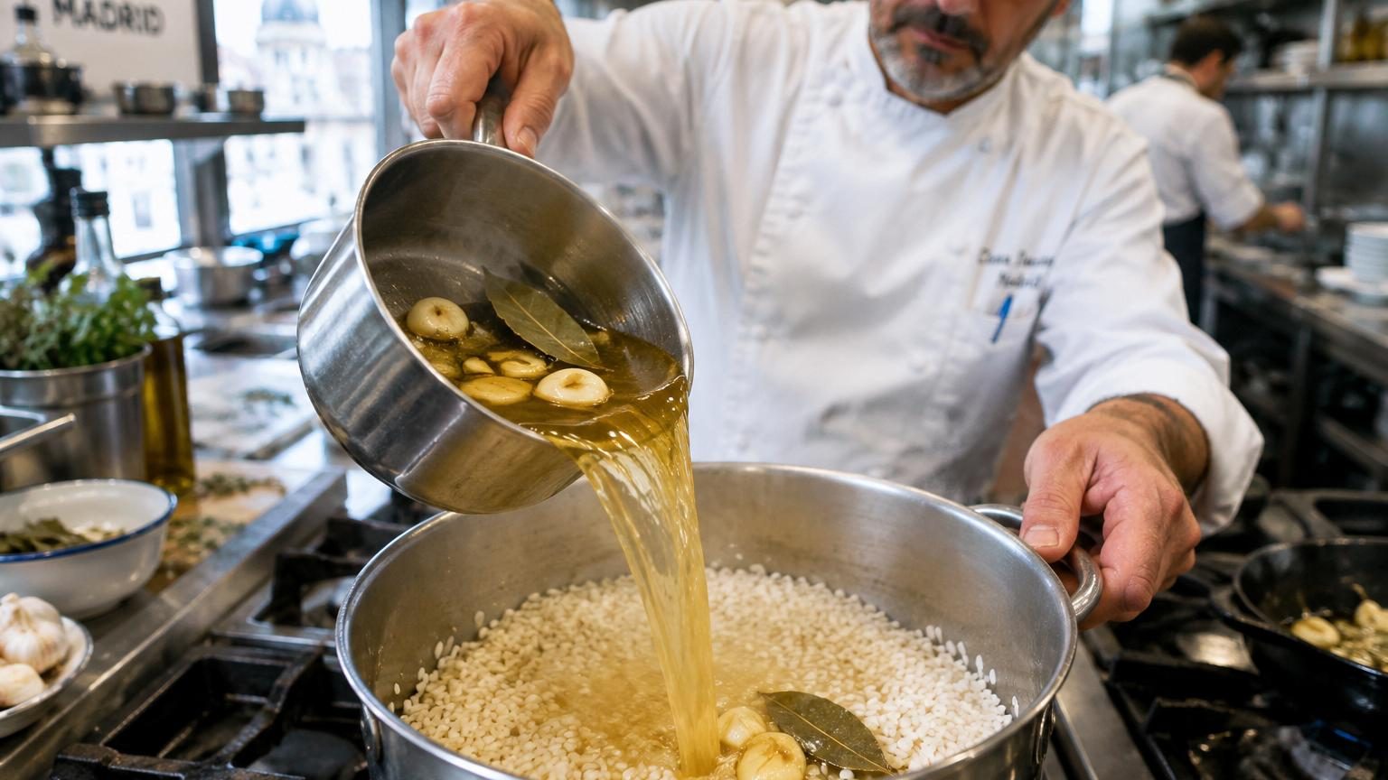 Les chefs espagnols sont unanimes : le riz blanc ne se cuit pas avec de l'eau, mais avec ce bouillon à l'ail et au laurier