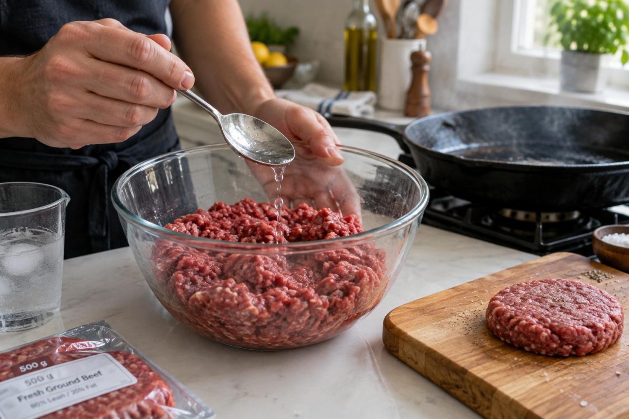 Les chefs sont unanimes : une cuillère à soupe d'eau glacée dans 500 g de viande hachée change tout pour un burger maison juteux