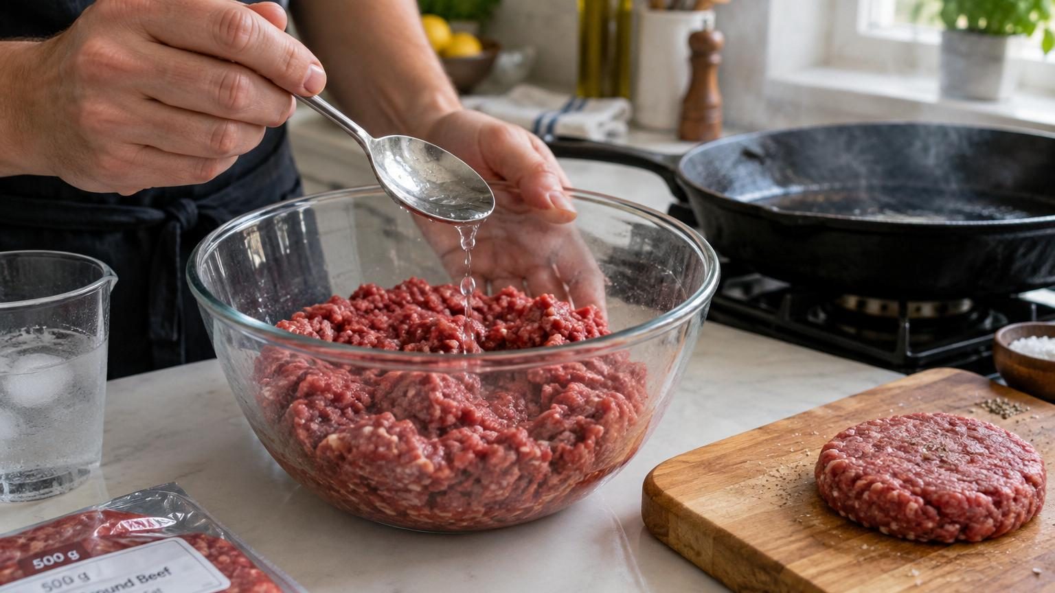Les chefs sont unanimes : une cuillère à soupe d'eau glacée dans 500 g de viande hachée change tout pour un burger maison juteux