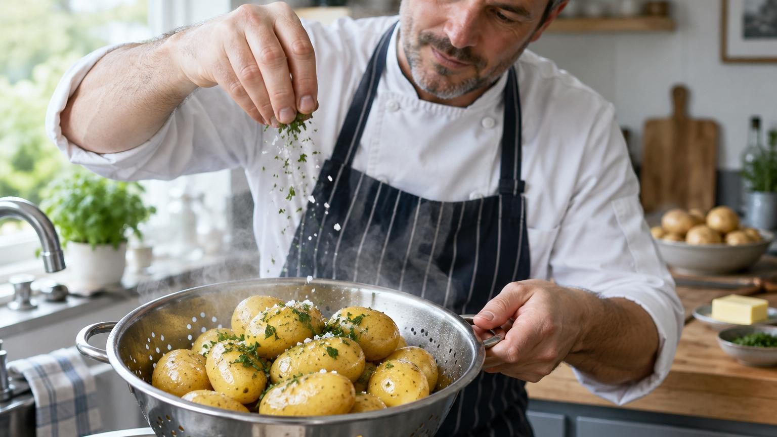 Gros plan sur des pommes de terre bouillies entières et dorées, encore humides de cuisson, alignées dans une casserole avec de l'eau, symbolisant la cuisson parfaite sans fadeur.