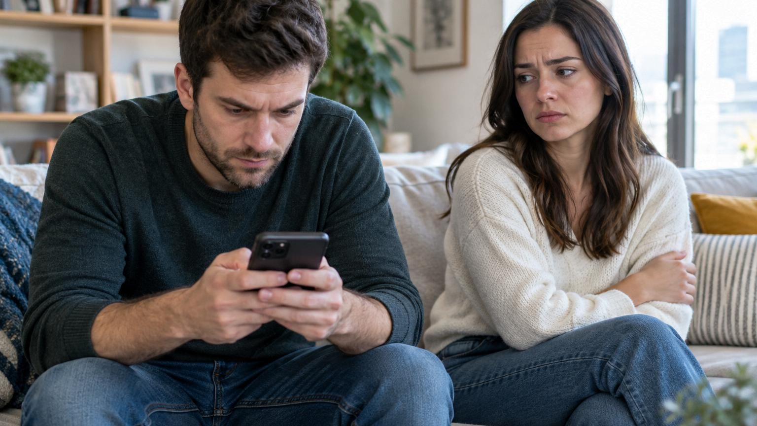 Personne regardant obsessivement son téléphone avec expression préoccupée, entourée d'icônes de réseaux sociaux et de notifications numériques