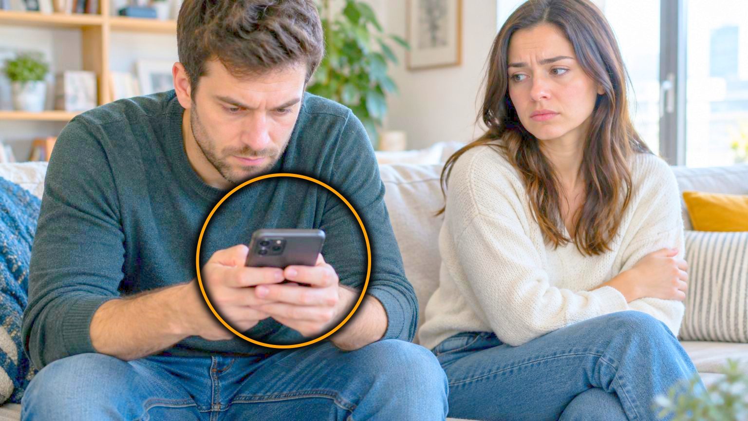 Personne regardant obsessivement son téléphone avec expression préoccupée, entourée d'icônes de réseaux sociaux et de notifications numériques