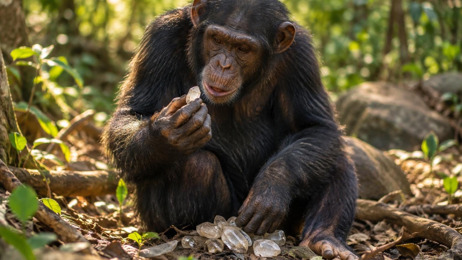 Chimpanzé observant attentivement un cristal de quartz transparent tenu dans ses mains, montrant une exploration concentrée de l'objet brillant.