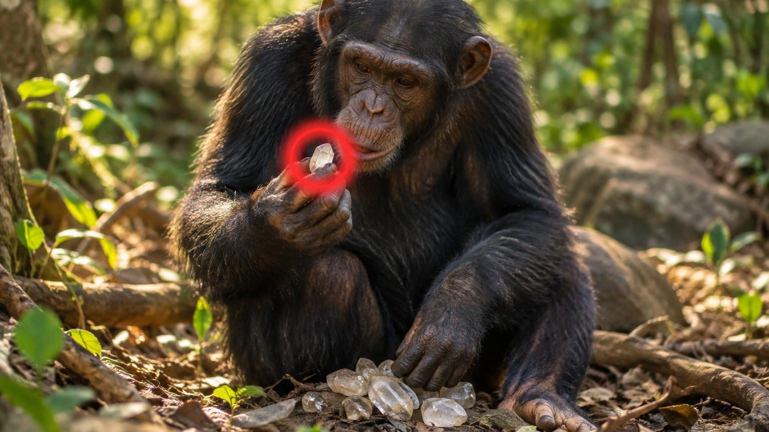 Chimpanzé observant attentivement un cristal de quartz transparent tenu dans ses mains, montrant une exploration concentrée de l'objet brillant.