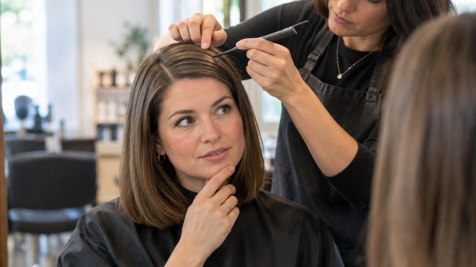 Femme regardant dans un miroir, essayant différentes positions de raie dans ses cheveux pour trouver celle qui affine et allonge son visage.
