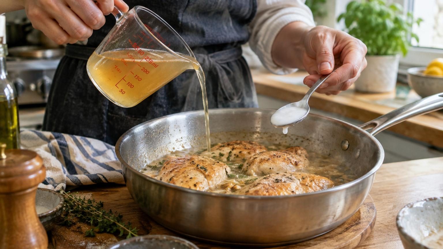 Les cuisiniers sont unanimes : pour des blancs de poulet tendres, 250 ml de bouillon et une cuillère de fécule suffisent