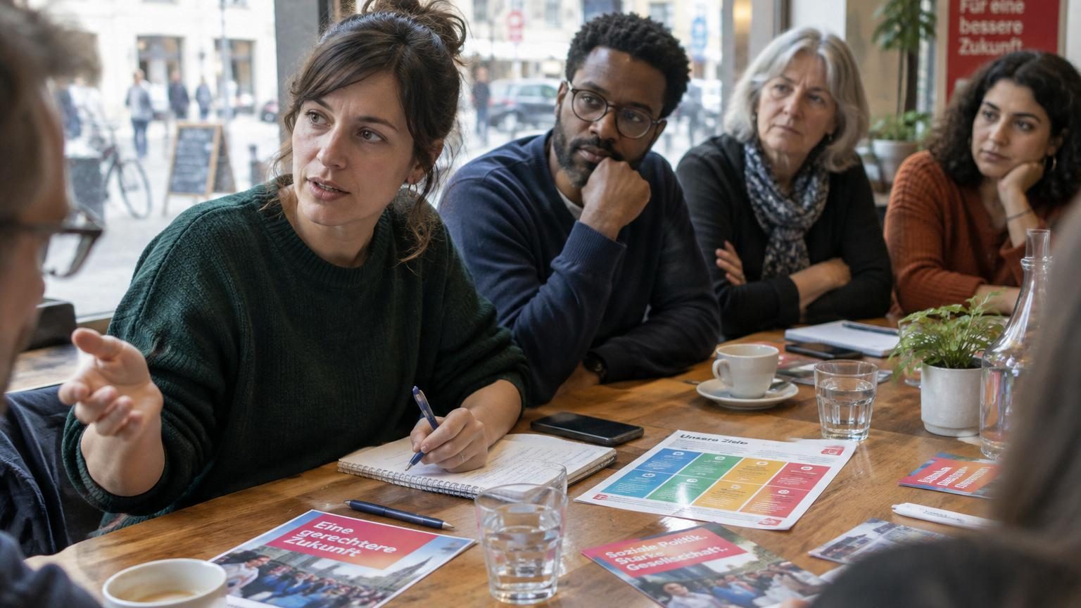 Illustration symbolique montrant une main gauche écrivant sur un document politique avec un graphique ou une courbe politique en arrière-plan