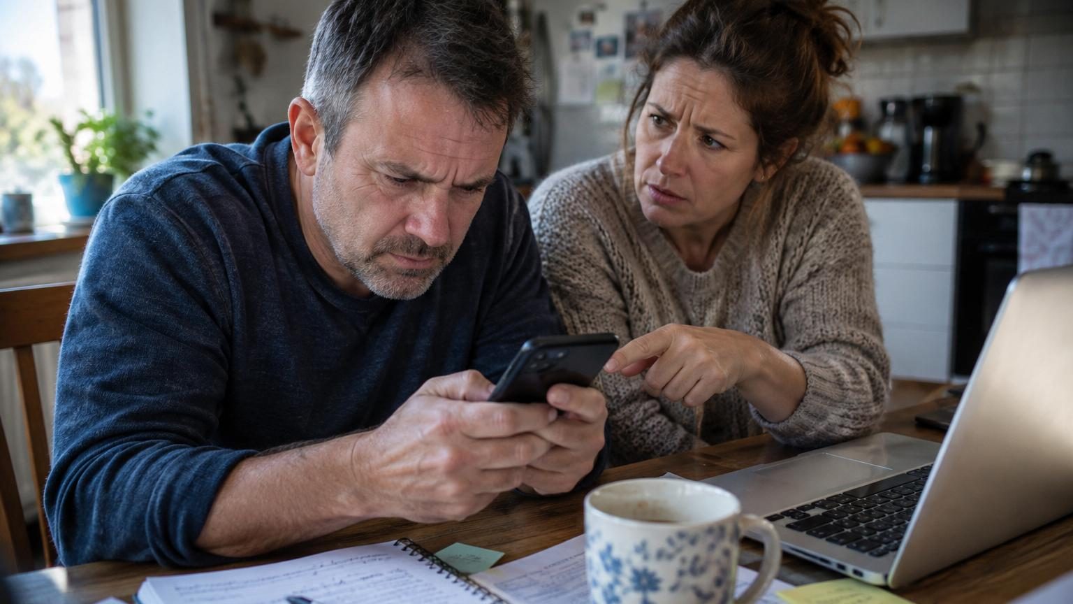 Personne scrollant sur un smartphone rempli de notifications colorées et d'émoticônes exprimant colère et peur, illustrant le partage impulsif sur les réseaux sociaux.
