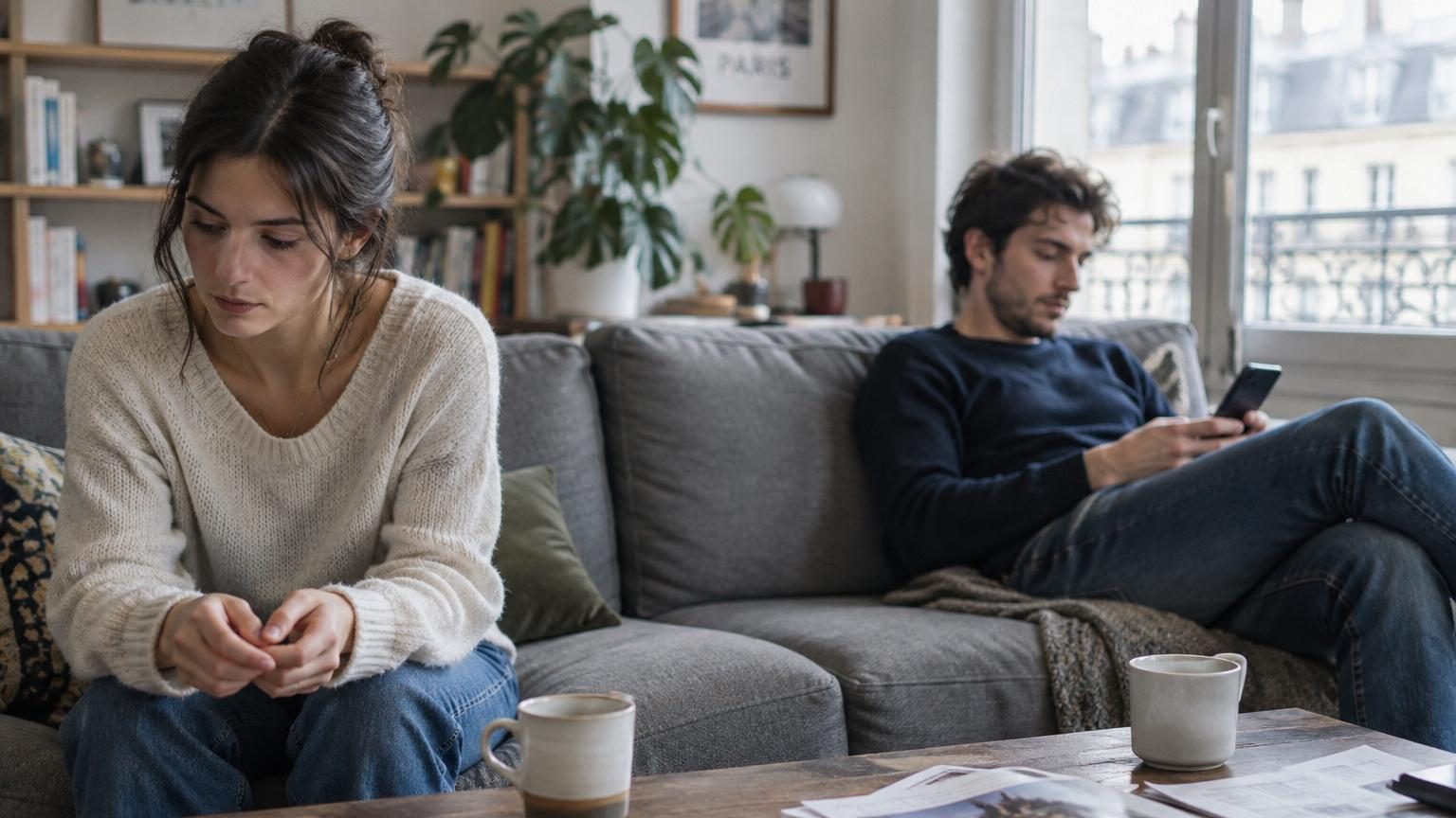 Couple assis côte à côte en silence, chacun absorbé par son téléphone, illustrant le retrait émotionnel et l'absence de communication dans une relation désengagée.