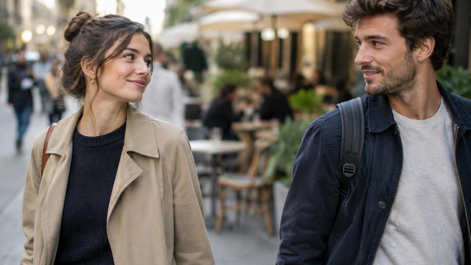 Deux personnes échangent un regard ou un sourire complice, illustrant un moment de connexion émotionnelle partagée en quelques secondes.