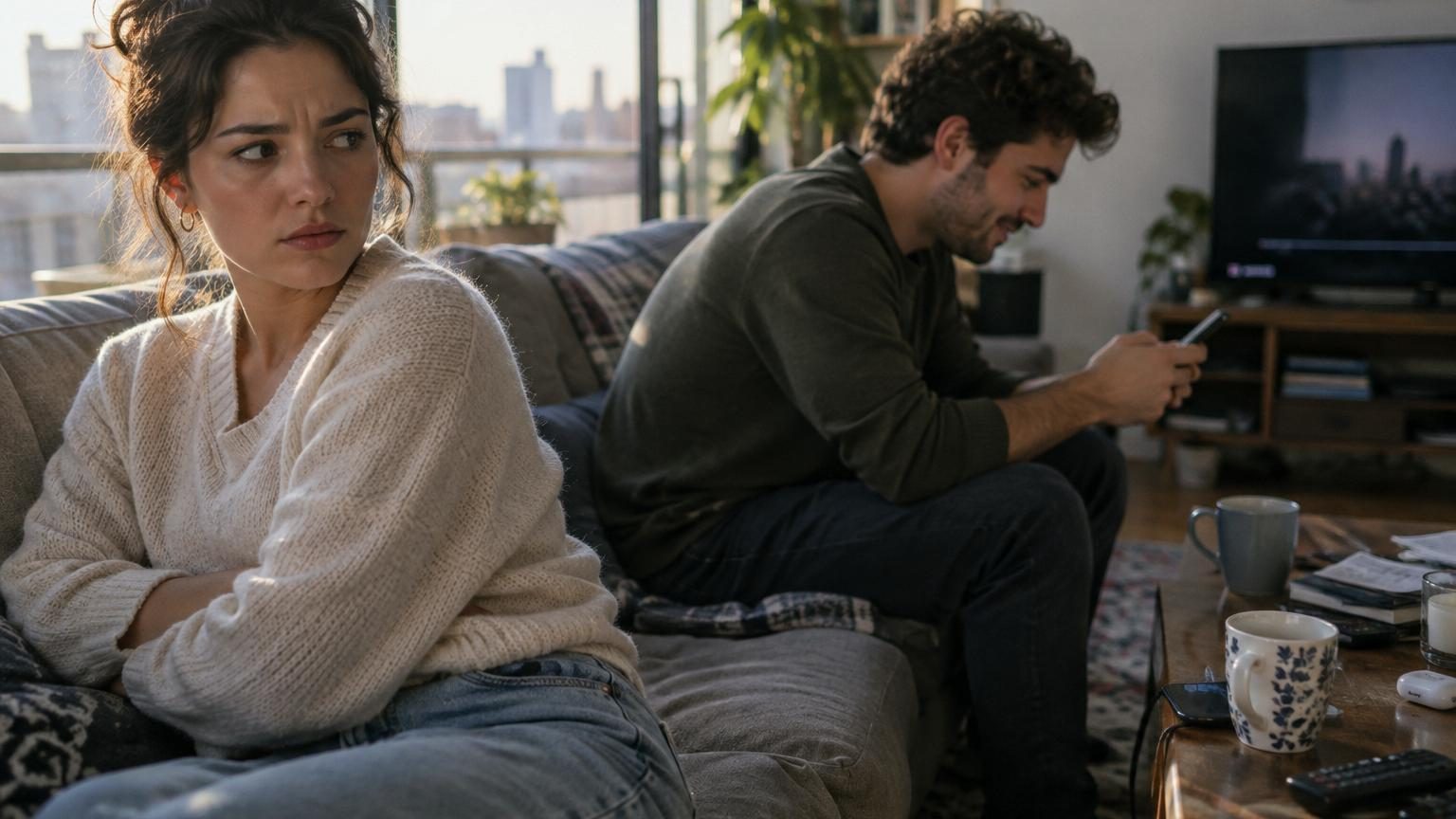 Couple assis séparé sur un canapé, l'homme regardant son téléphone avec un sourire tandis que la femme observe avec inquiétude et détachement
