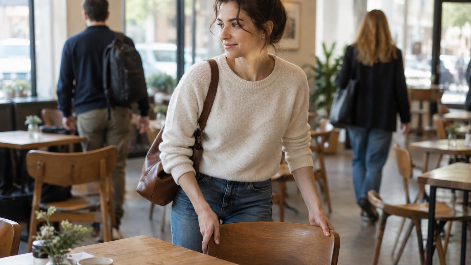 Une personne remettant sa chaise sous la table après un repas, illustrant l'attention aux détails et le respect de l'espace commun.