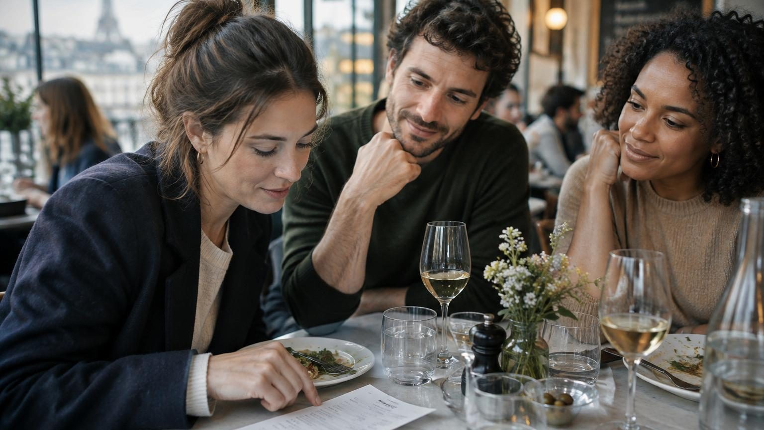 Une personne assise à une table de restaurant examinant attentivement son addition avec un stylo à la main, l'air concentré et réfléchi.