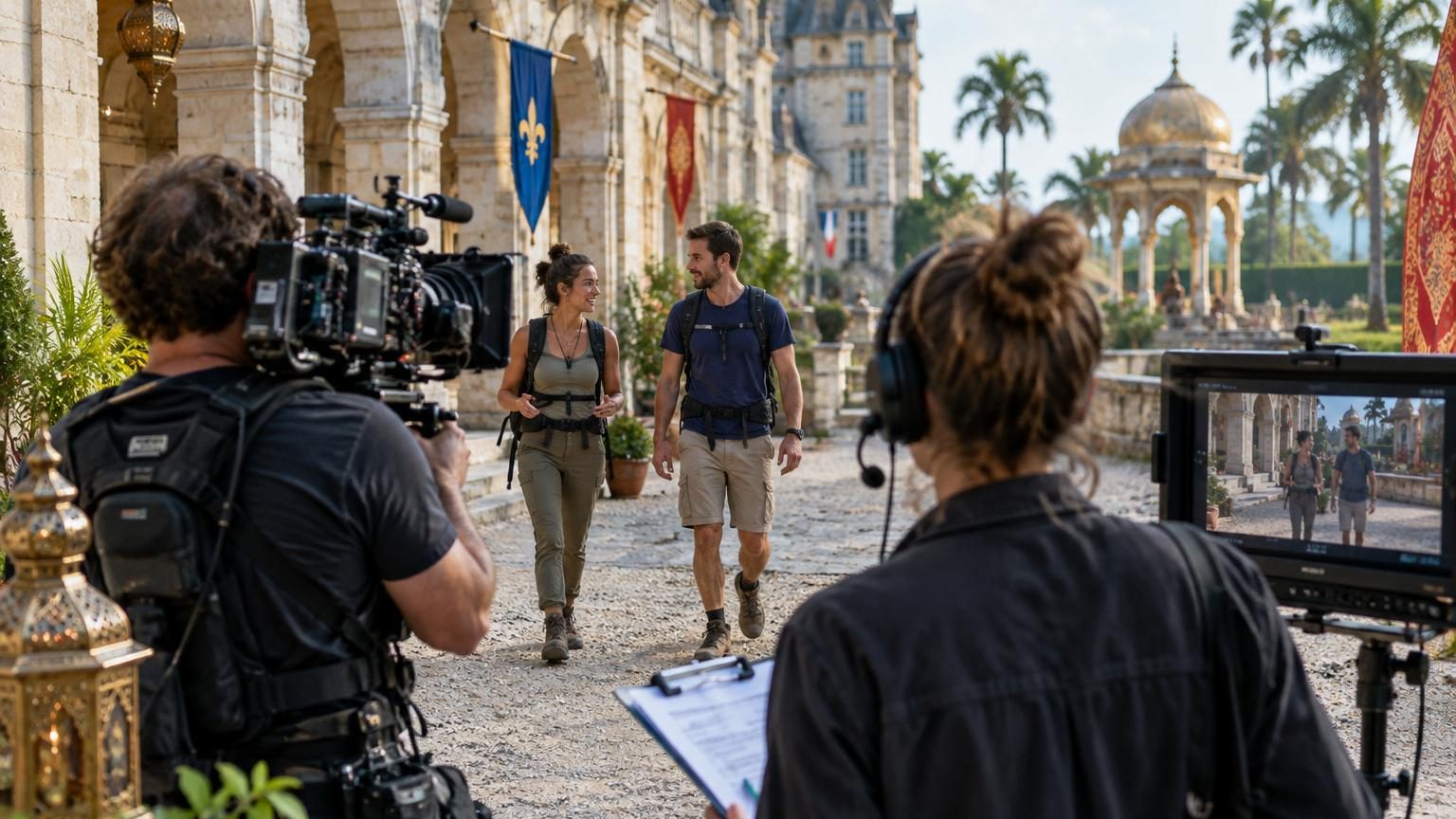 Montage de trois demeures prestigieuses: un palais indien aux colonnades dorées, un château français médiéval aux tours de pierre, et un manoir britannique entouré de jardins brumeux.