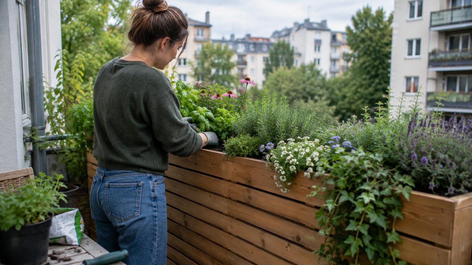 Jardinière en bois massif avec treillis vertical intégré, bac profond en premier plan et panneau grillage d'un mètre de haut servant de support aux plantes grimpantes sur une terrasse ou balcon urbain.