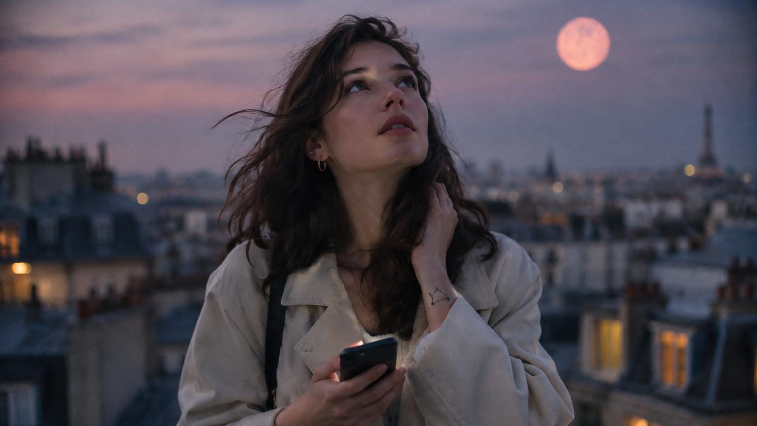 Représentation mystique d'une pleine lune lumineuse illuminant le ciel nocturne avec des symboles du zodiaque scintillant autour.