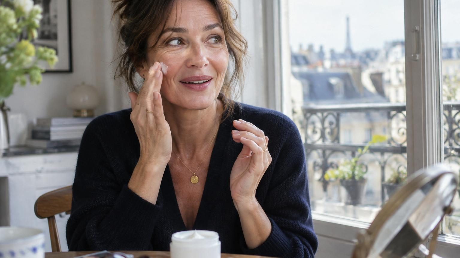 Crème cosmétique Dr Pierre Ricaud pour le cou et le décolleté dans un flacon, positionnée sur une peau lisse et lumineuse avec un rendu satiné.