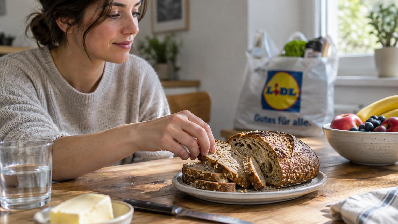 Tranche de pain de seigle complet bio accompagnée de fromage blanc et d'un fruit frais sur une assiette, symbole d'un petit-déjeuner équilibré.