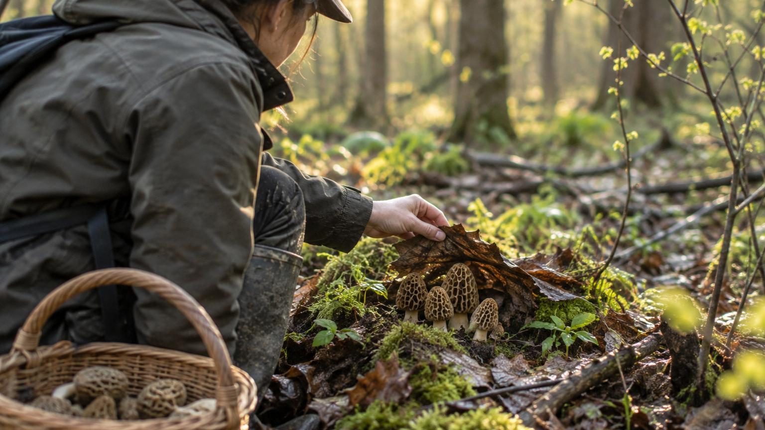 Panier de morilles fraîchement cueillies dans une forêt au printemps, posé sur un sol calcaire avec des frênes et de la jacinthe des bois en arrière-plan