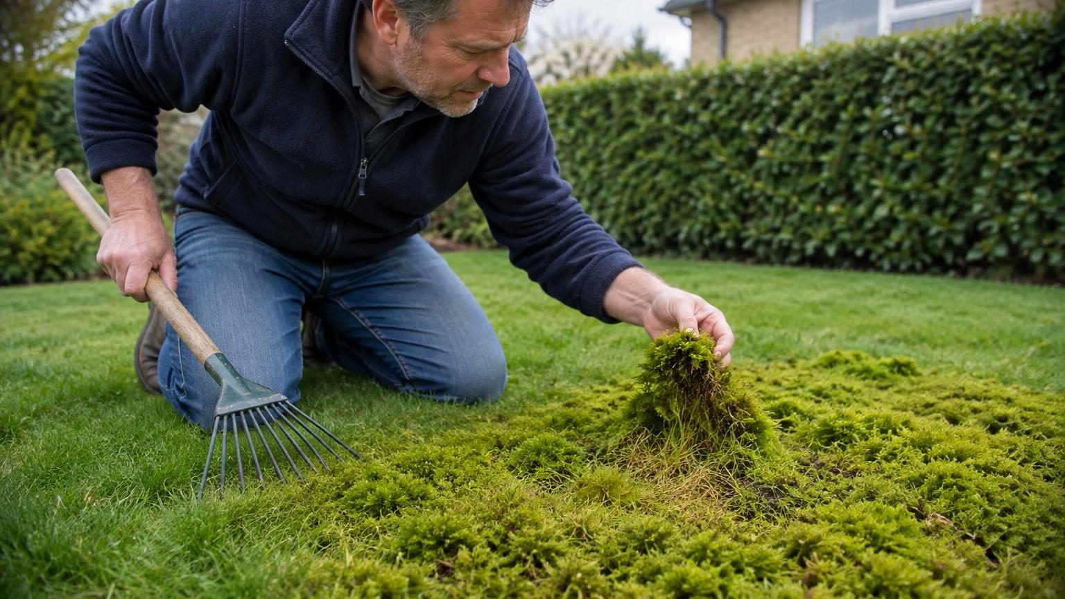Pelouse printanière envahie de mousse verte sombre, avec zones dégarnies et jaunes, nécessitant un ratissage et une scarification pour retrouver un gazon sain.