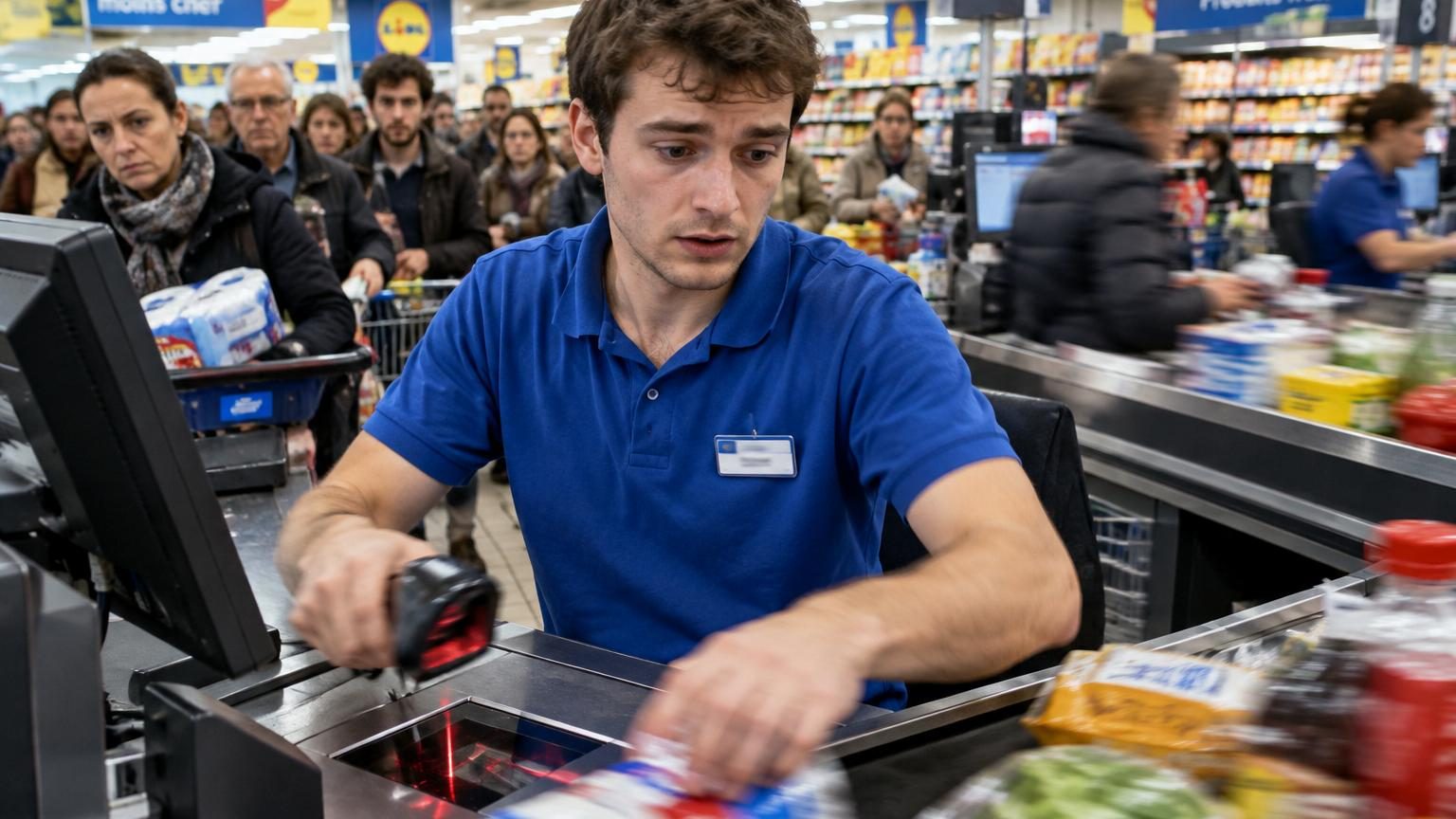 Nathanaël, ancien salarié chez Lidl, raconte son premier jour : « On nous lance en caisse un vendredi à 17 h, face à la queue des clients »