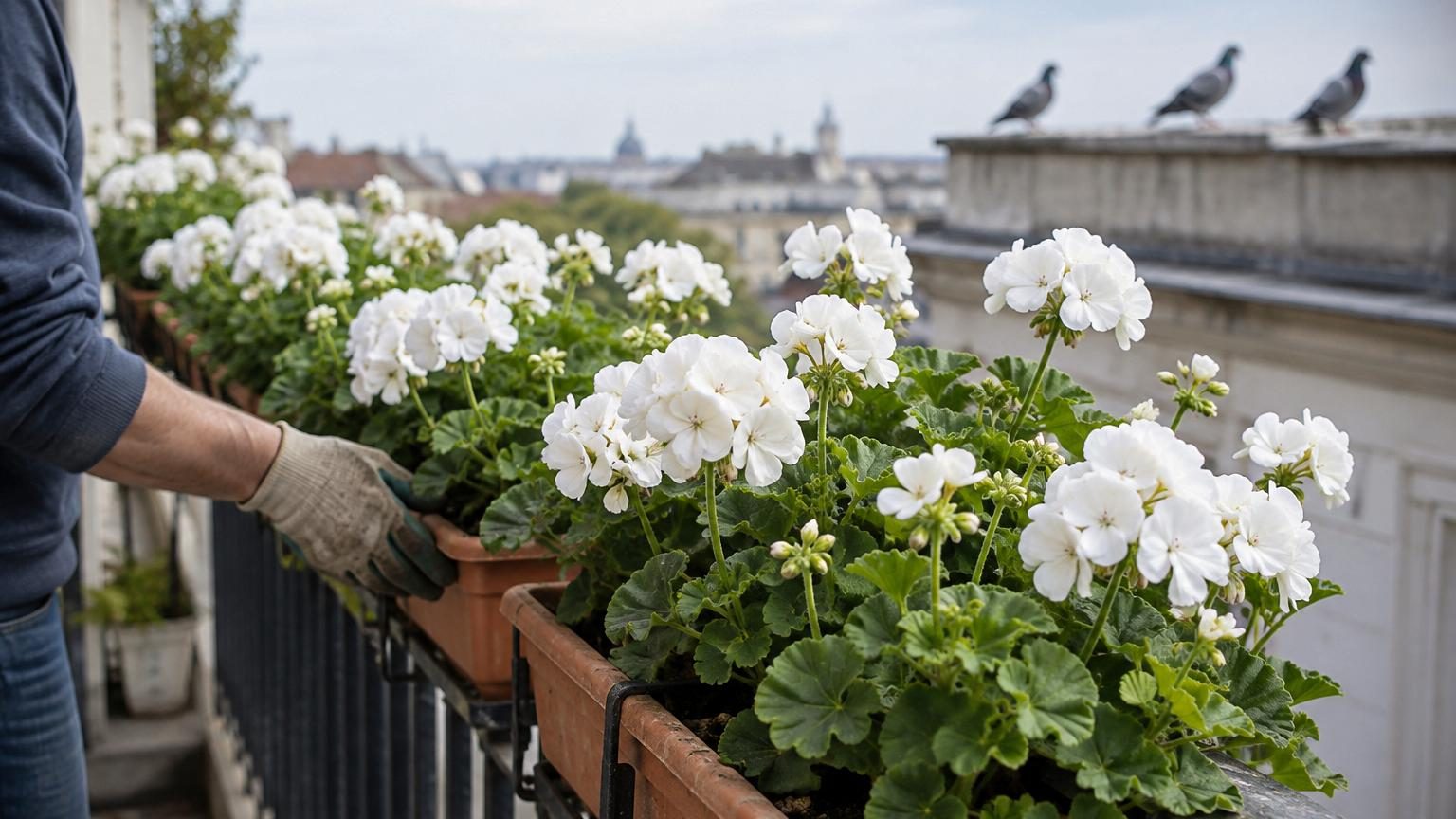 Massif de fleurs blanches sur un balcon ou potager, avec rosiers Iceberg, hortensias et autres plantes claires formant une barrière continue et lumineuse contre les pigeons.