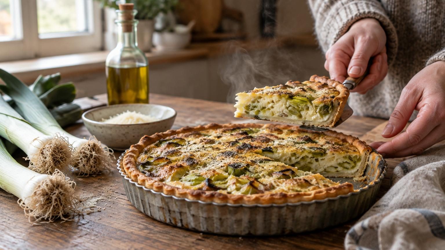 Une tarte fine dorée aux poireaux émincés, couverte d'une croûte de chapelure croustillante, servie en part sur une assiette blanche