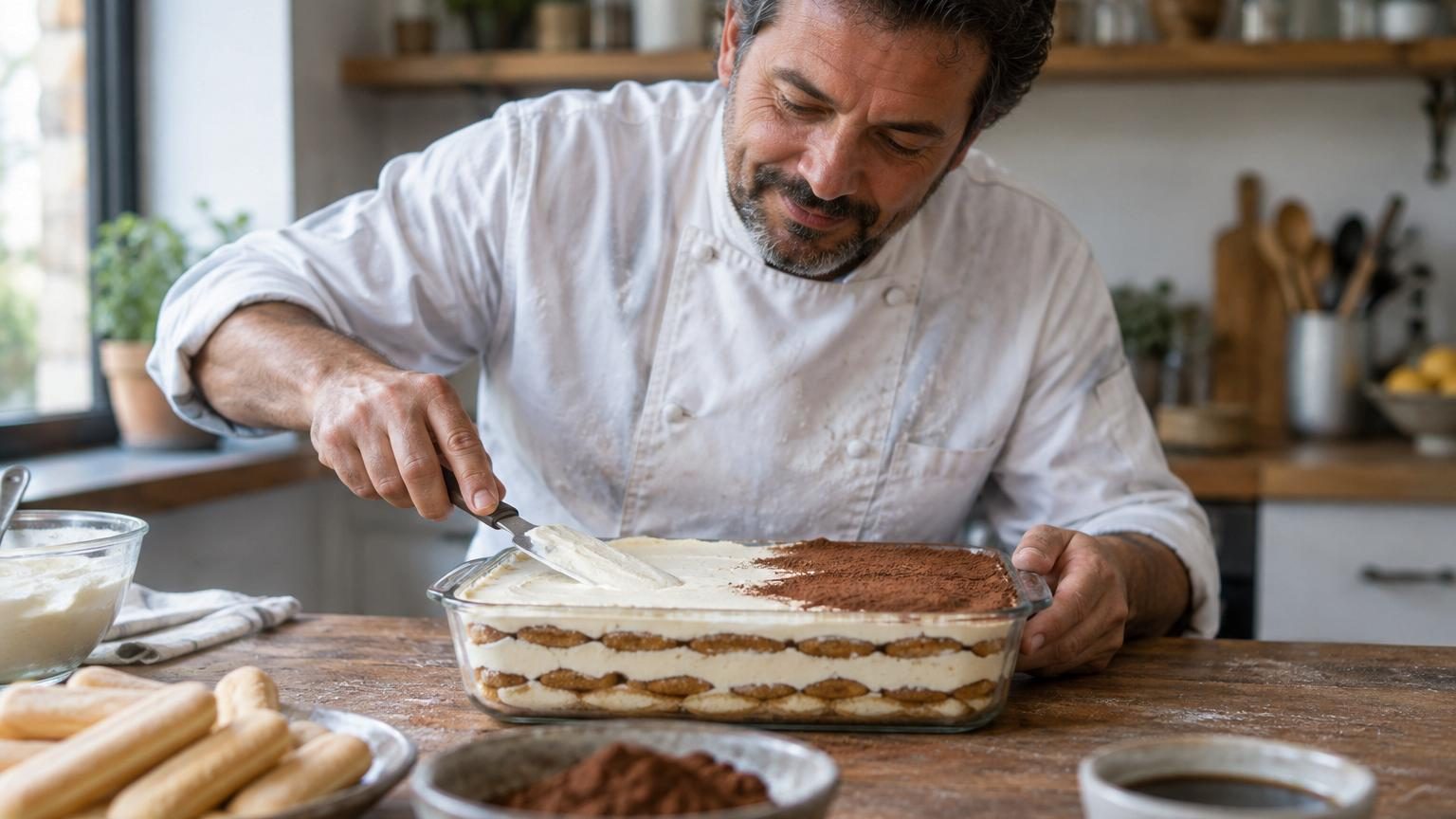 Tiramisu en verrines individuelles montrant les couches alternées de biscuits imbibés de café et de crème mascarpone sans œufs, saupoudré de cacao amer en poudre.