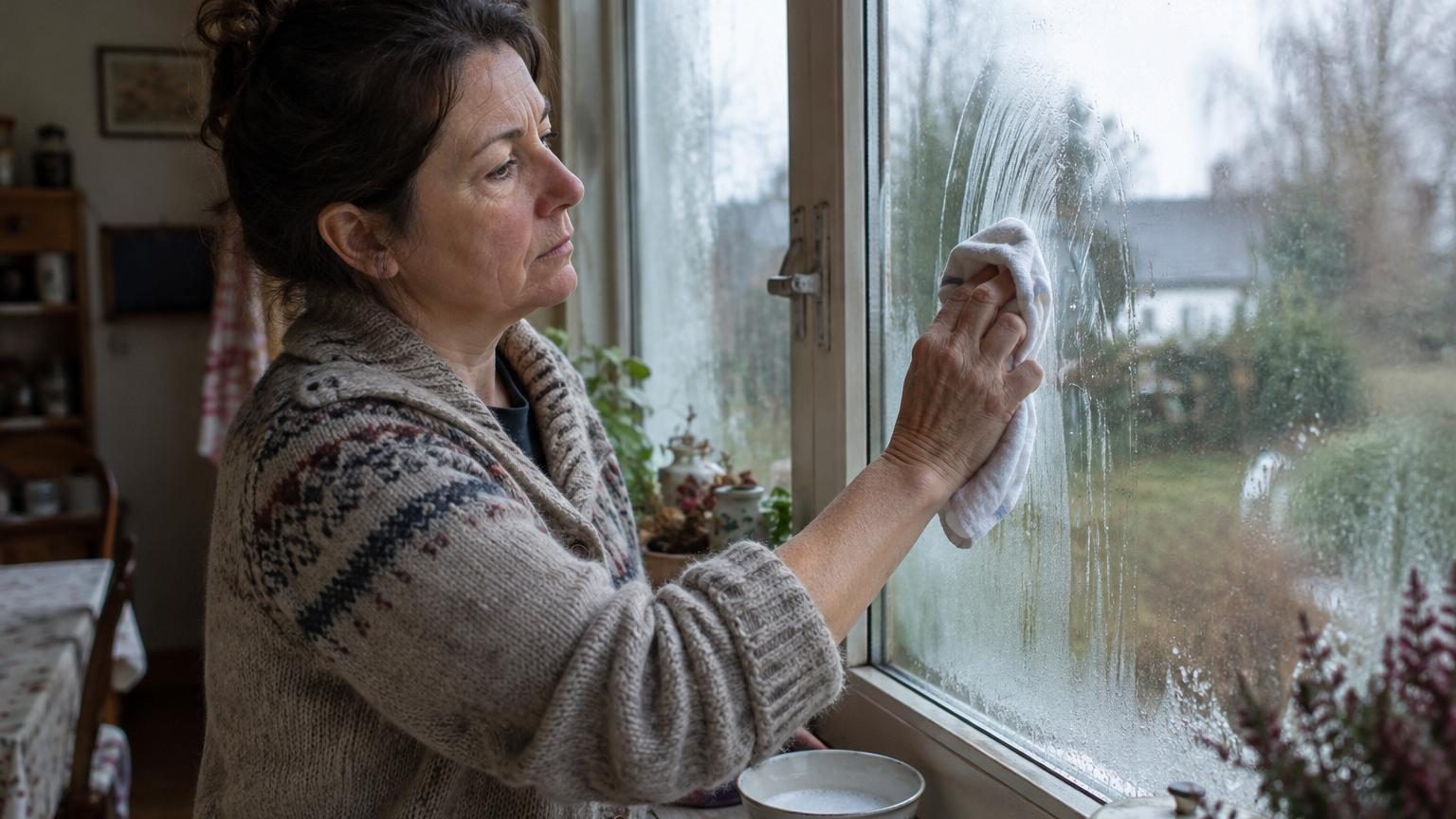 Vitre couverte de gouttelettes de buée le matin en hiver, montrant l'opacité due à la condensation