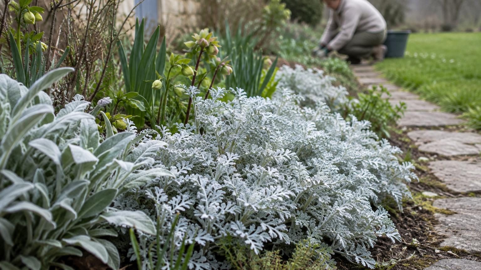 Massif de jardin en mars avec tapis de Stachys byzantina aux feuilles argentées et duvetées, touffes d'Artemisia grise en hauteur, et bordure de gravillons clairs gris perle imitant une fine couche de neige fraîche.