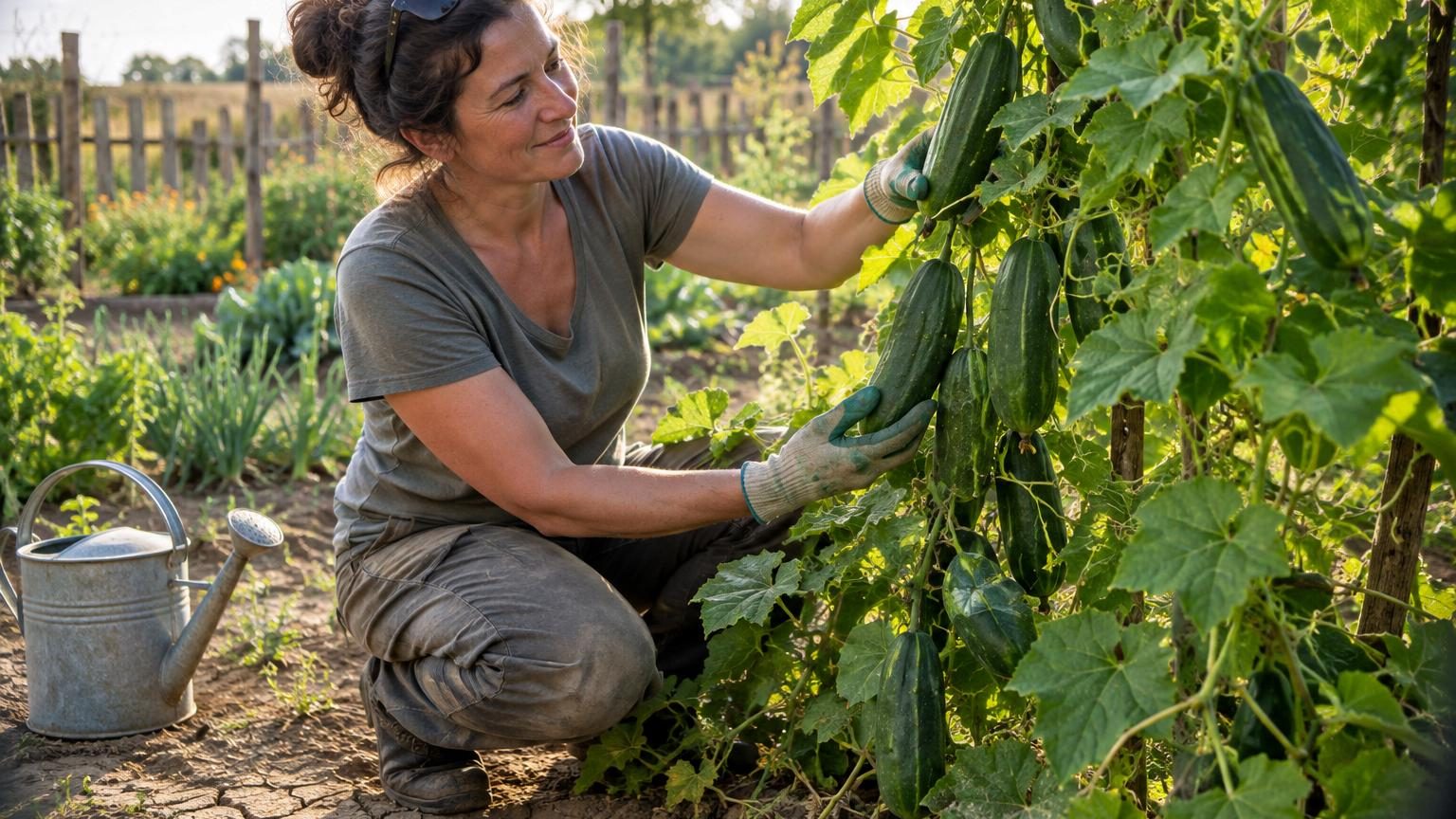 Liane de kiwano sur un treillis avec des fruits orange hérissés d'épines souples parmi un feuillage dense vert, en plein soleil estival.
