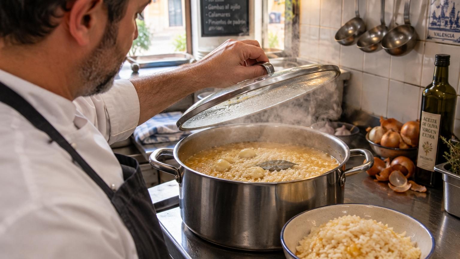 Oubliez l'eau : pour les chefs espagnols, le riz blanc se cuit dans un bouillon à l'ail et au laurier, et le résultat n'a rien à voir
