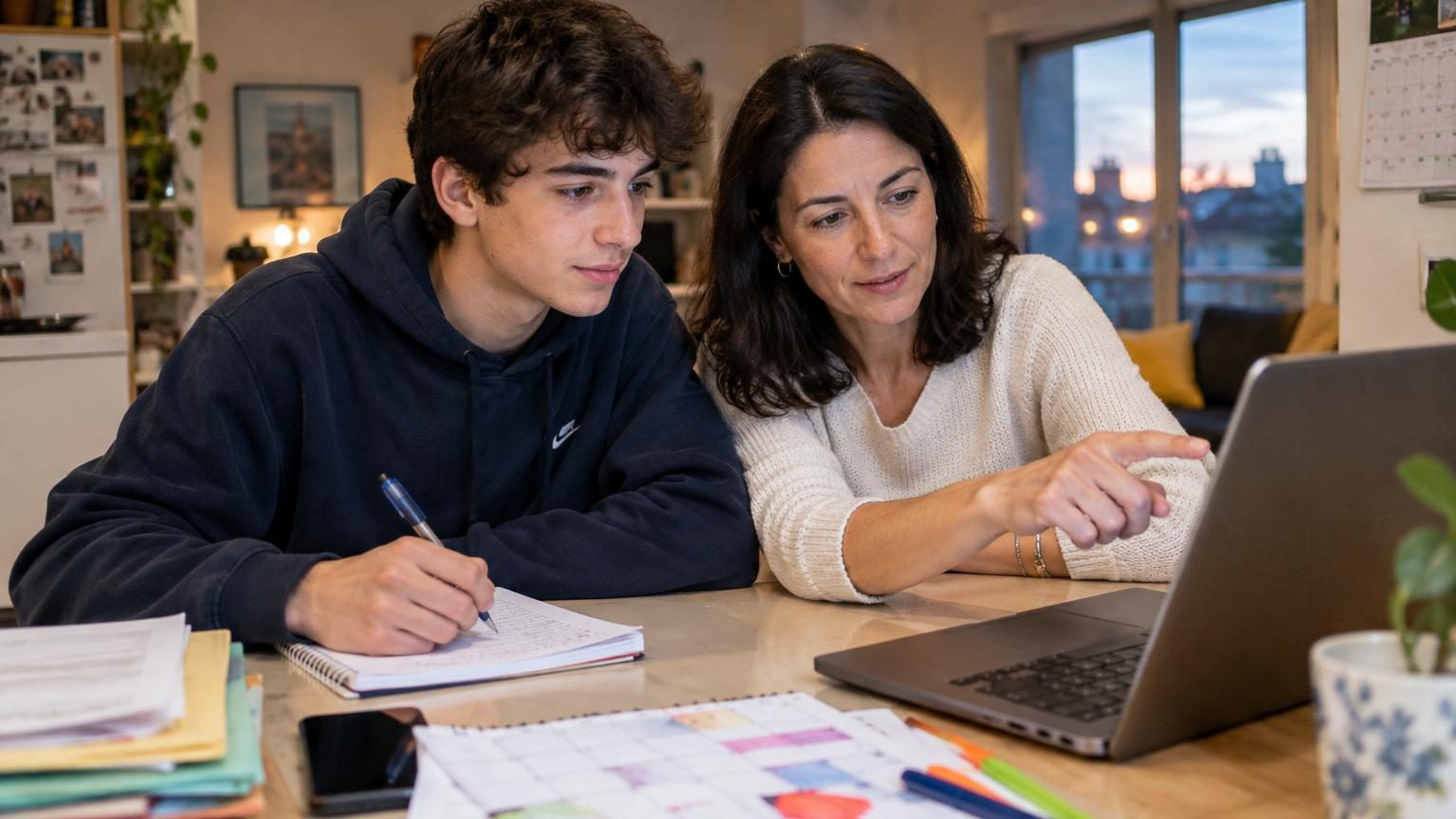 Parent et adolescent assis à une table, consultant ensemble l'ordinateur pour remplir Parcoursup, dans une ambiance calme et collaborative.