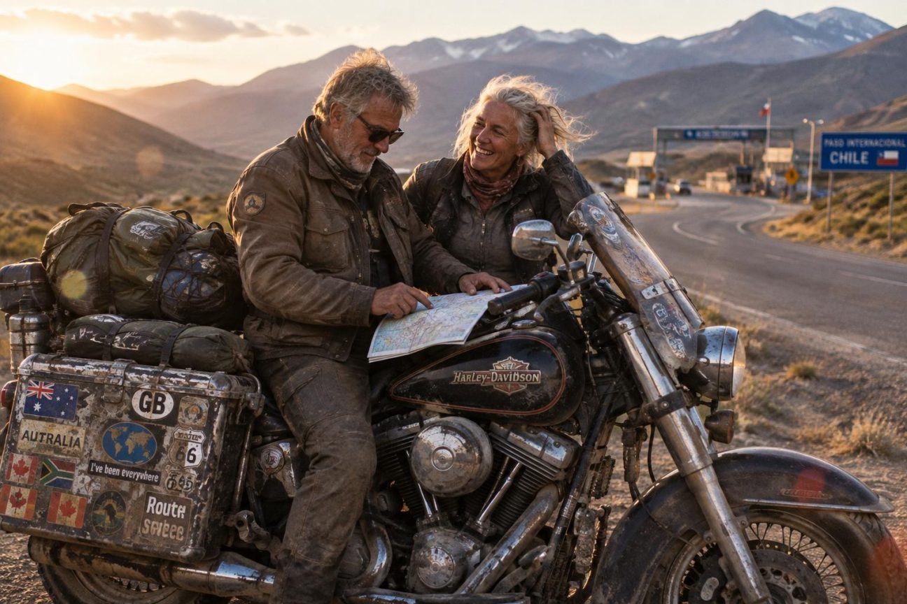 Partis en 1996 sur une Harley de 1994, ce couple australien a parcouru les 193 pays du monde en quinze ans, toujours avec la même moto