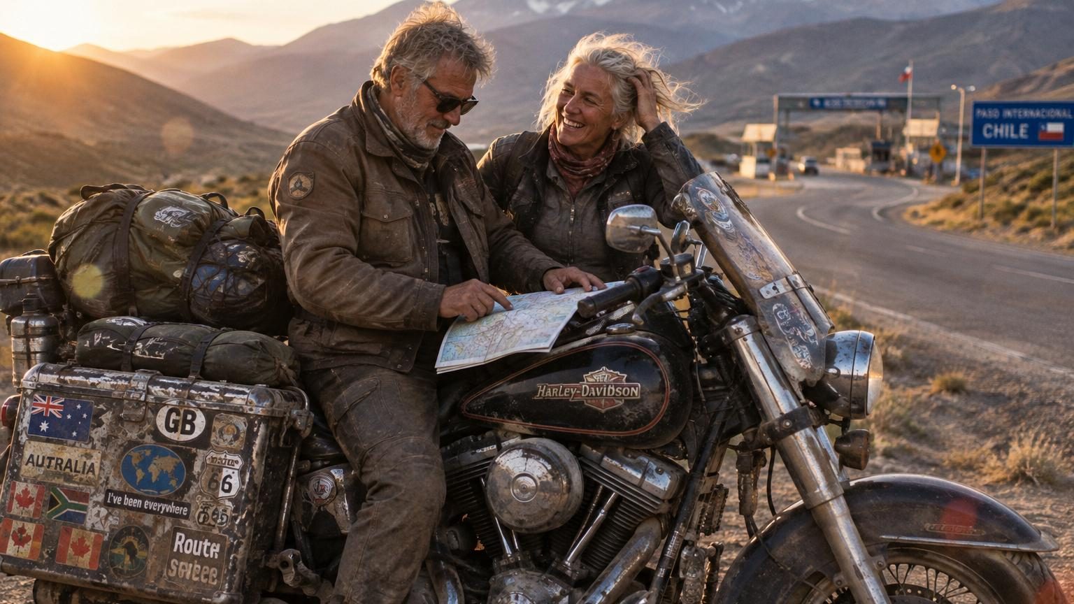 Partis en 1996 sur une Harley de 1994, ce couple australien a parcouru les 193 pays du monde en quinze ans, toujours avec la même moto