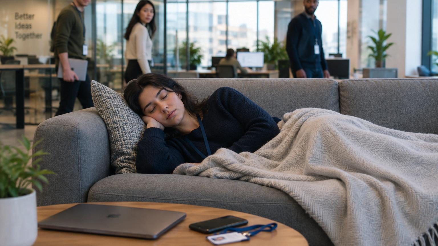 Salarié dormant paisiblement dans un lit, équipé d'une montre connectée brillante, symbolisant le suivi technologique et la rémunération du sommeil en entreprise.