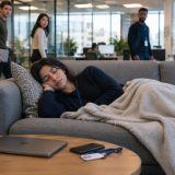 Salarié dormant paisiblement dans un lit, équipé d'une montre connectée brillante, symbolisant le suivi technologique et la rémunération du sommeil en entreprise.