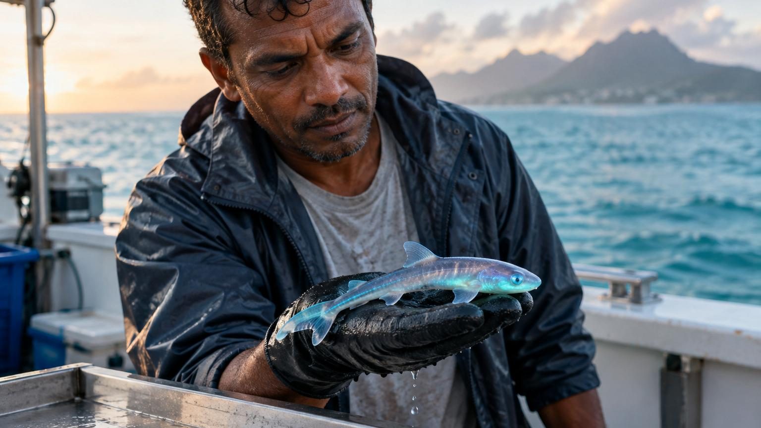 Pêché entre 400 et 500 mètres de profondeur à l'île Maurice : ce requin tient dans une main et produit sa propre lumière
