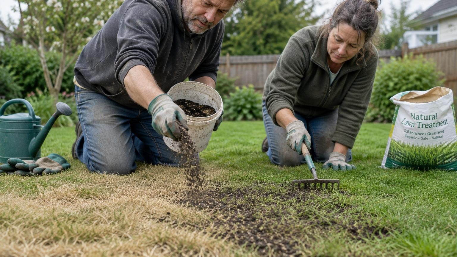 Pelouse jaune et terne au printemps : le geste que deux jardiniers appliquent au sol pour la rendre plus verte et plus dense