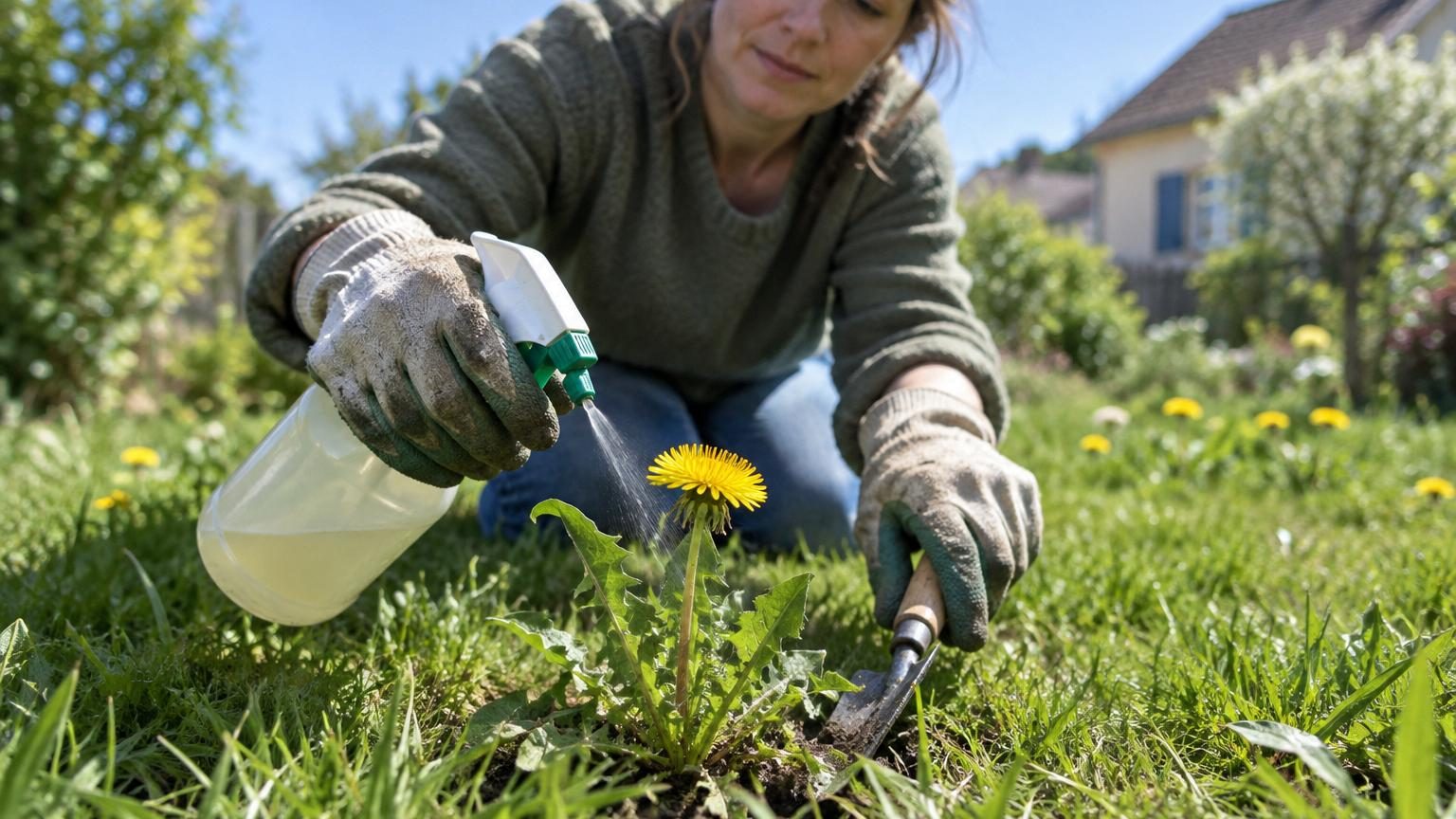 Gros plan sur un pissenlit jaune au cœur d'une pelouse verte, montrant sa structure florale caractéristique avec les graines dispersables en arrière-plan.