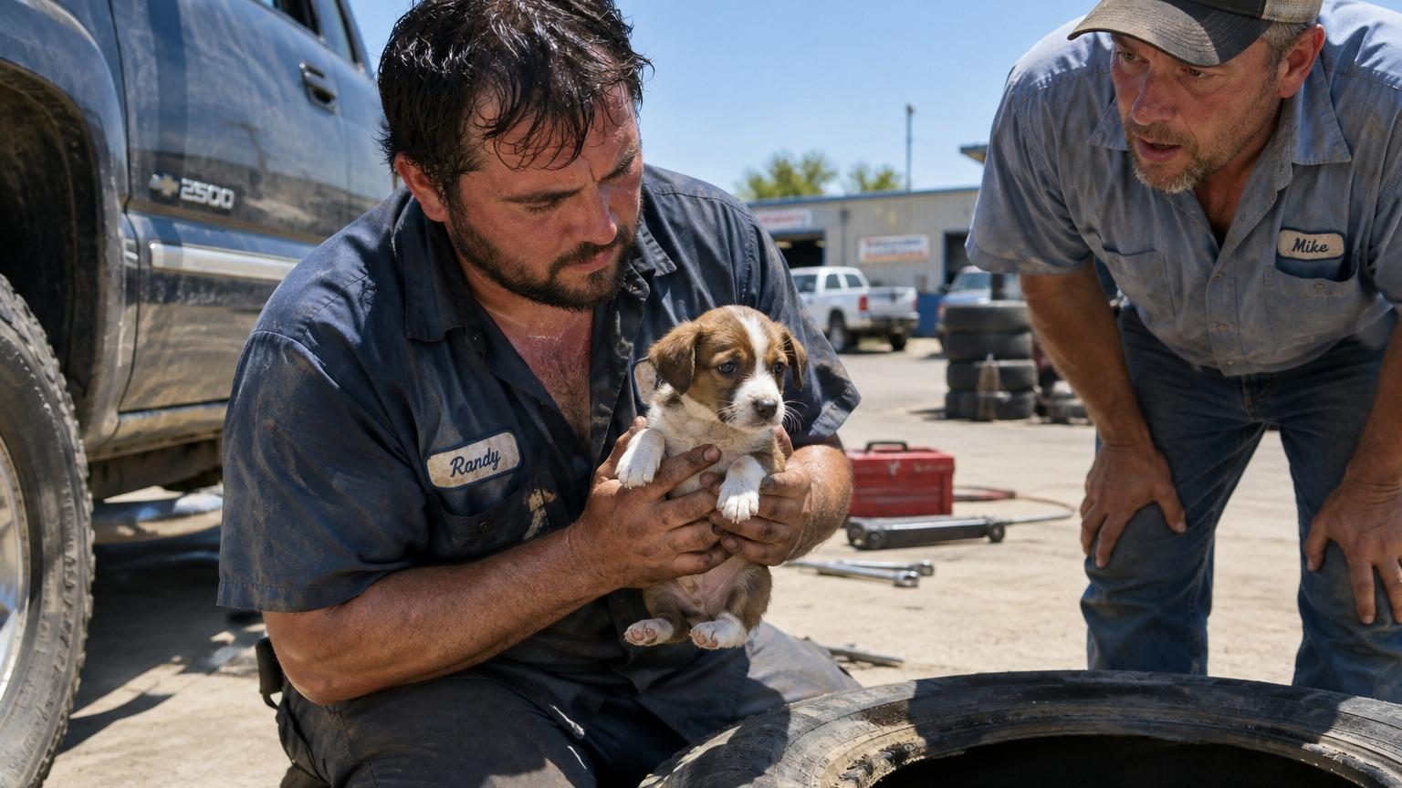 Plus de 37 °C au Texas : des mécaniciens entendent un bruit suspect dans un pneu et y découvrent un chiot de 6 semaines, bien vivant